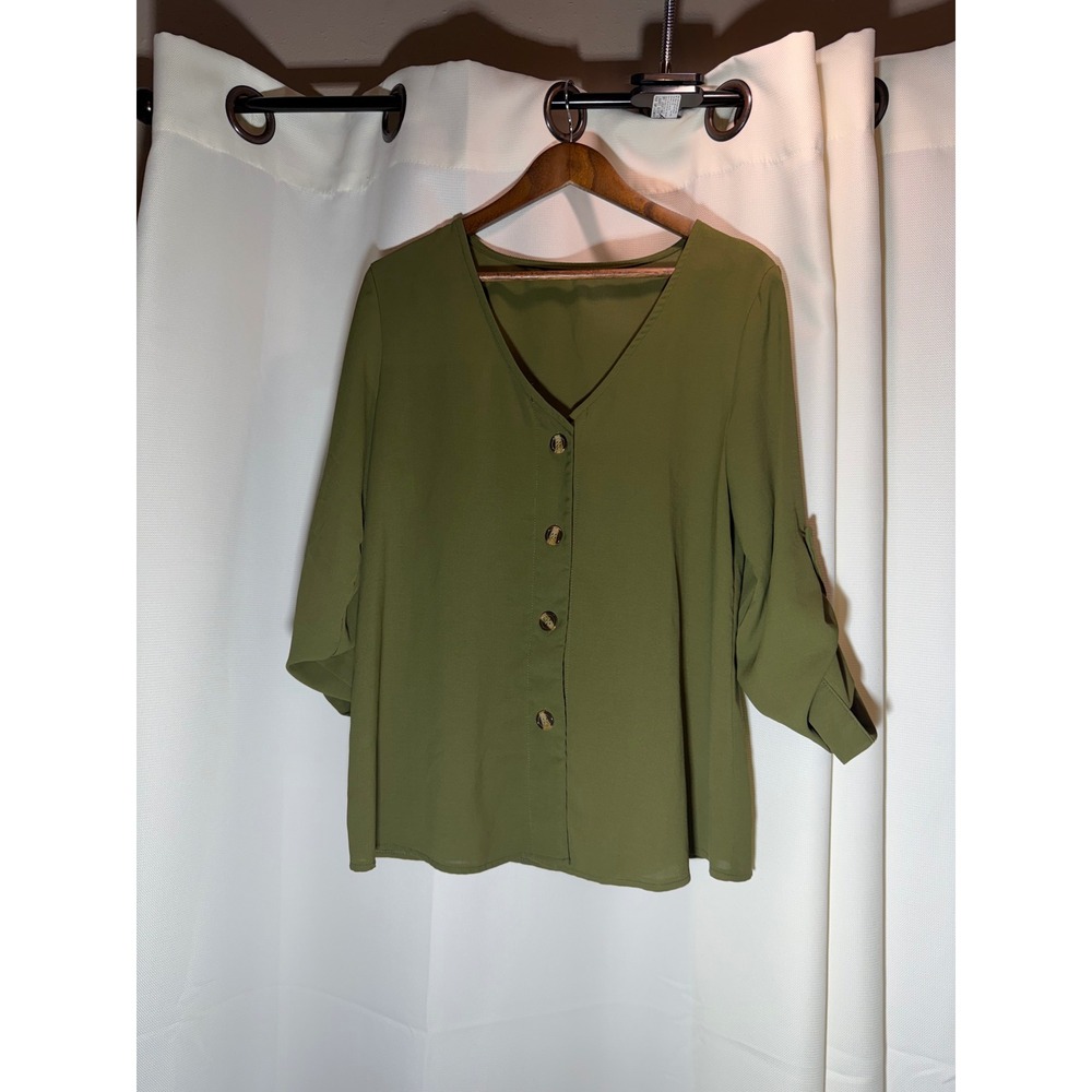 Olive Green V-Neck Button Front Roll Tab Sleeve Blouse Womens Medium